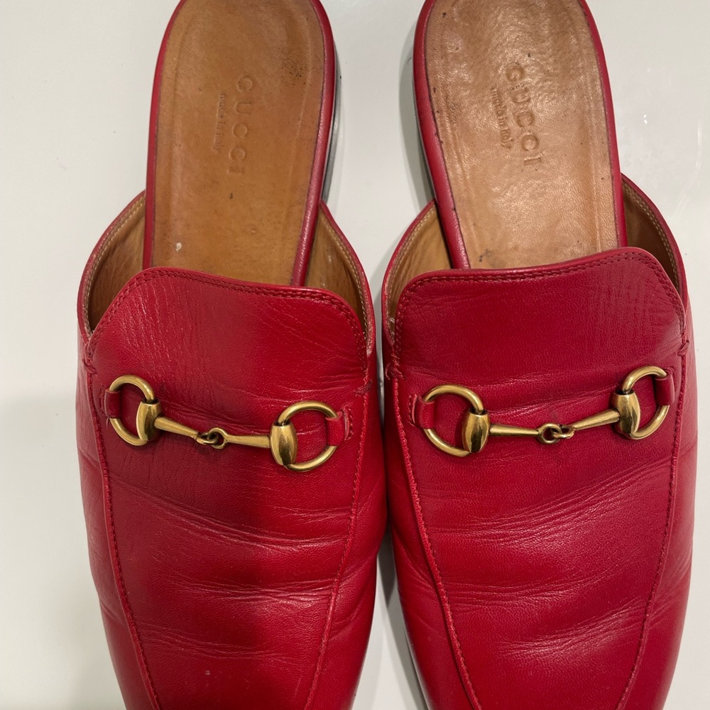 Gucci Red Leather Clogs with Gold Detailing